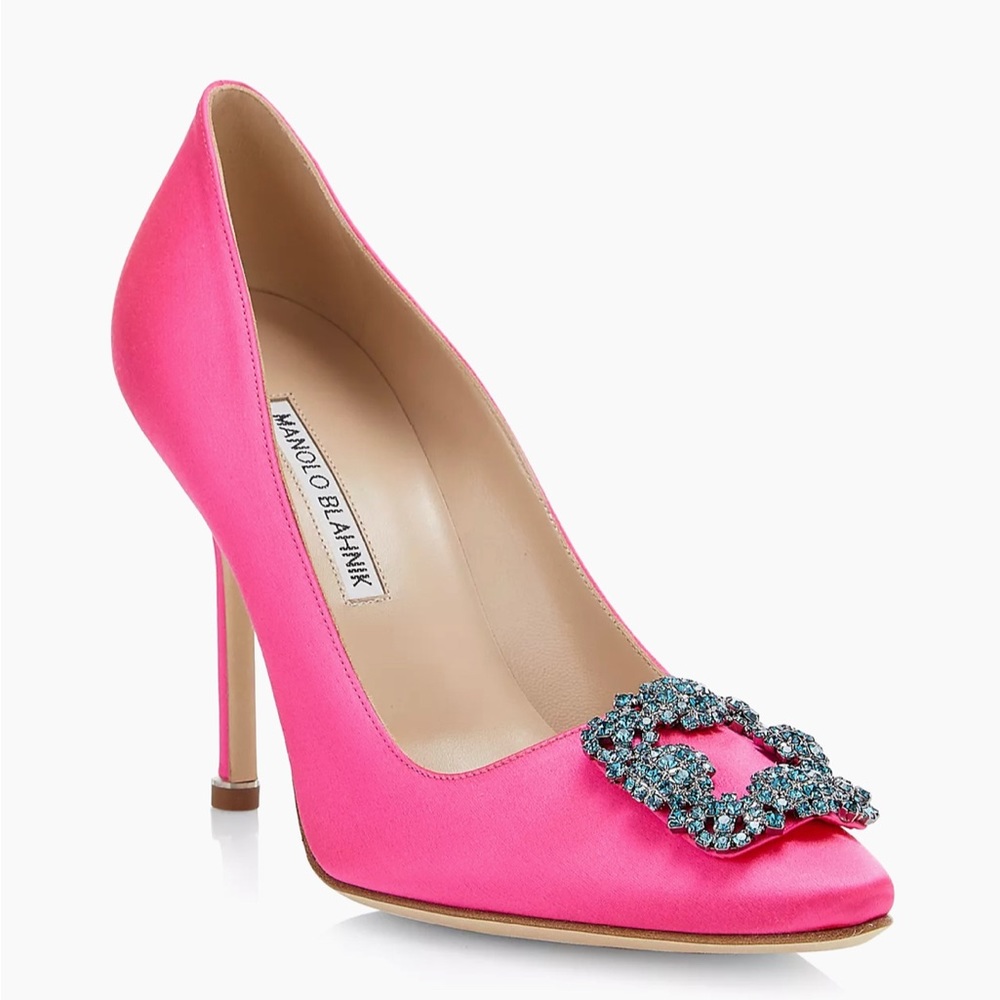 Manolo Blahnik Hangisi 105MM Crystal Buckle Pink Satin Pumps